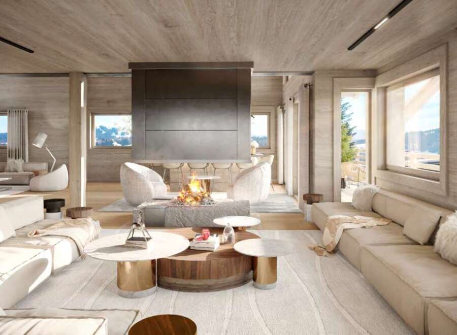 Luxurious chalet with stunning mountain views and spacious open-plan living area.