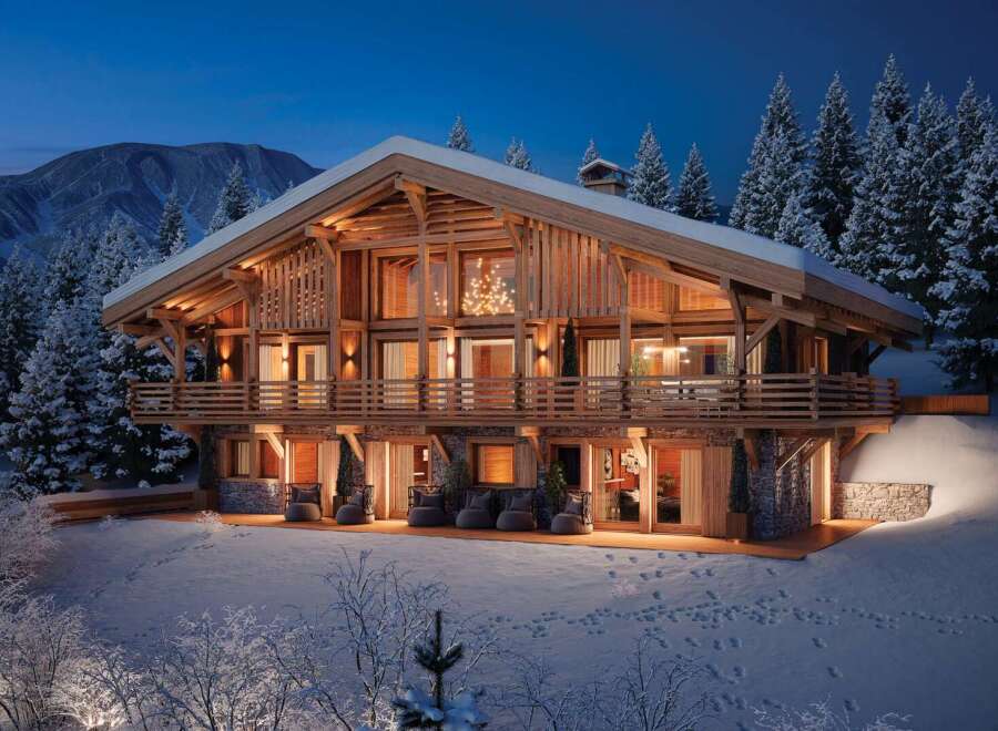 Luxury chalet in the French Alps, boasting stunning mountain views and exquisite wooden architecture.