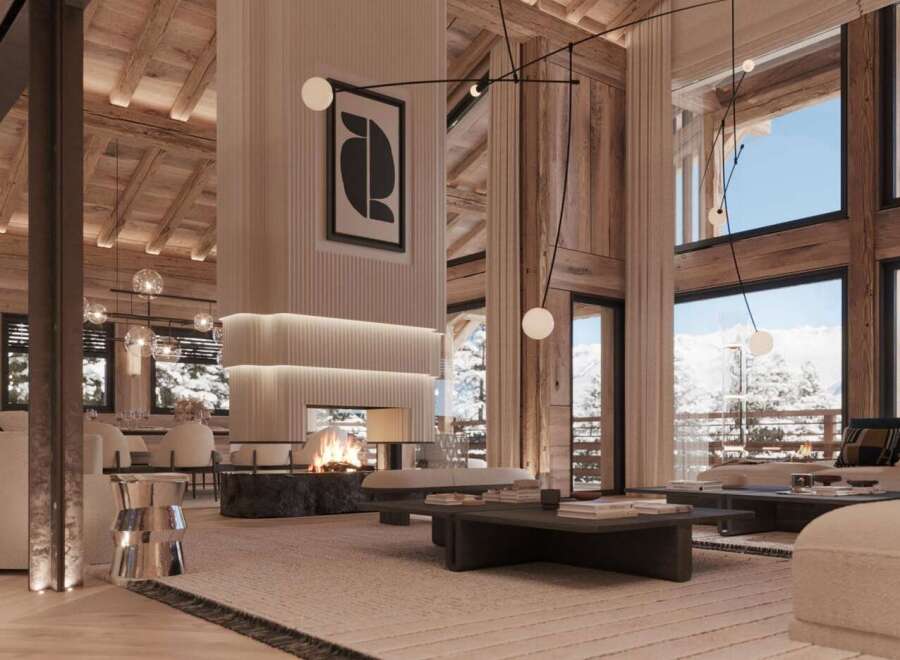 Luxury chalet with breathtaking mountain views, featuring a stunning fireplace and spacious open-plan living area.