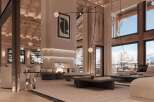 Luxury chalet with breathtaking mountain views, featuring a stunning fireplace and spacious open-plan living area.