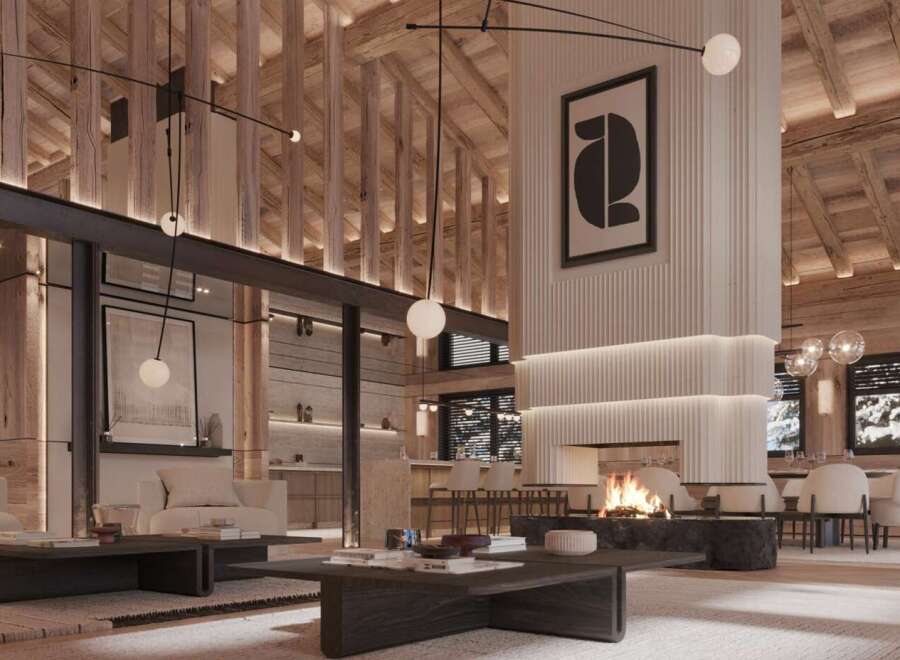 This stunning chalet boasts a spacious open-plan living area with a cozy fireplace as the centerpiece.