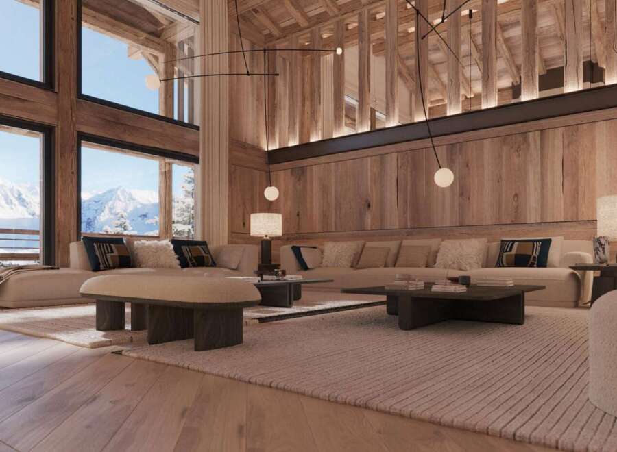 Luxury chalet with breathtaking mountain views and expansive windows.