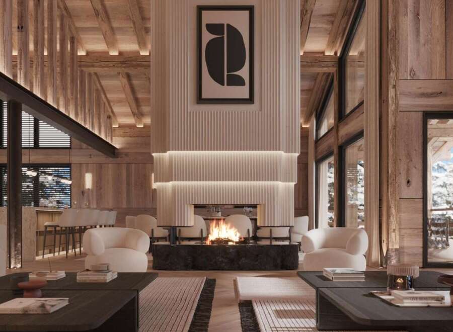 This stunning chalet boasts a breathtaking fireplace as its centerpiece, surrounded by plush seating and large windows offering picturesque views.
