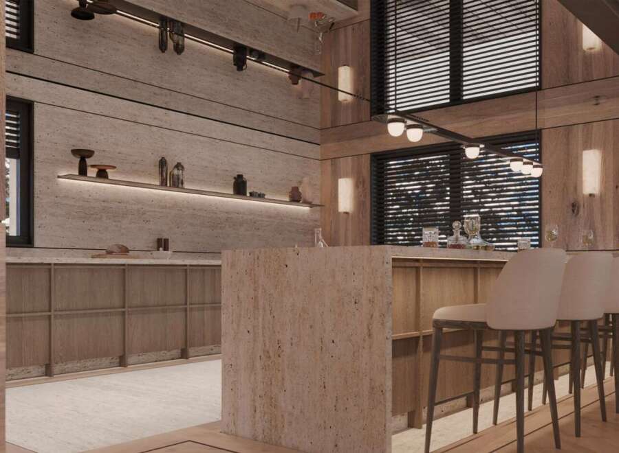 This stunning property boasts a luxurious bar area with a sleek, modern design.