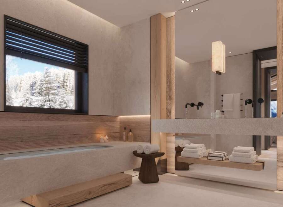 Luxurious bathroom with a freestanding bathtub and a spacious vanity.