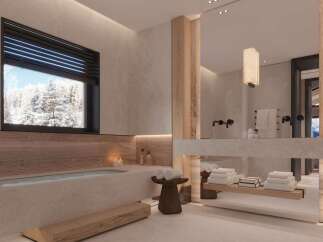 Luxurious bathroom with a freestanding bathtub and a spacious vanity.
