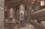 Luxurious bathroom with stunning marble finishes and wooden accents.