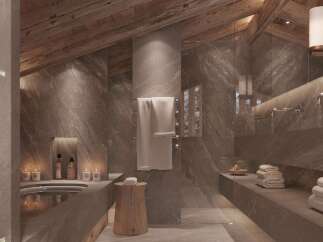 Luxurious bathroom with stunning marble finishes and wooden accents.