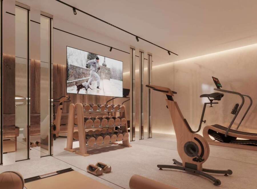 Luxury home gym with state-of-the-art equipment and a sleek, modern design.