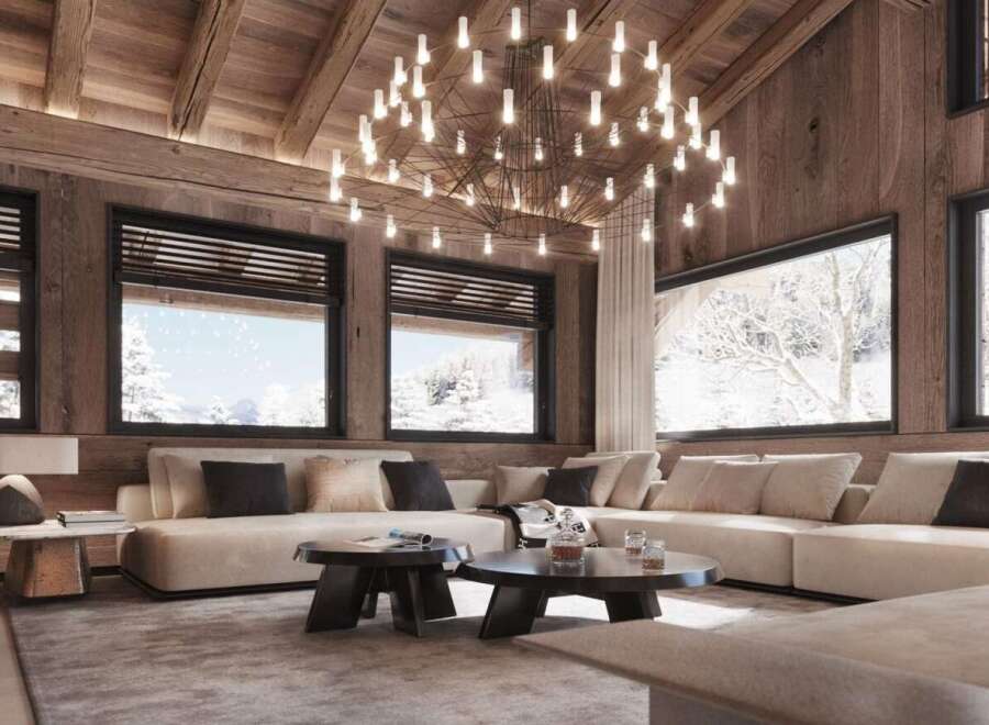Luxurious chalet with stunning mountain views and a spacious open-plan living area.