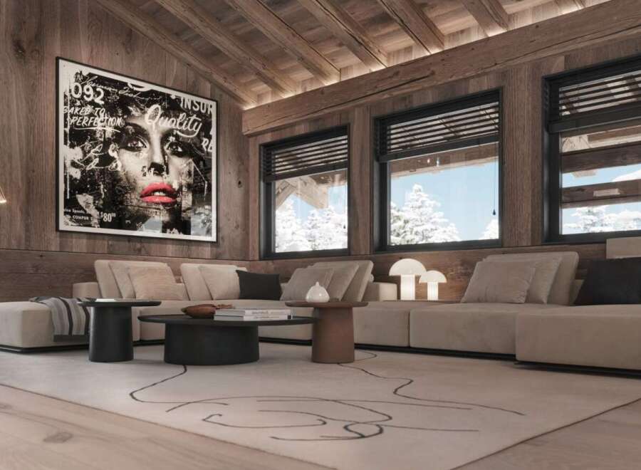 Luxury chalet with stunning mountain views and spacious living area.