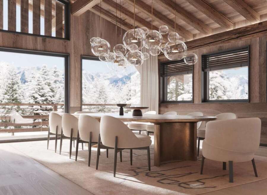 Luxury chalet with stunning mountain views and a spacious dining area.