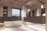 Luxurious bathroom with a freestanding bathtub and floating marble vanity.