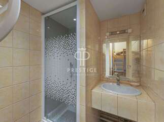 Discover a stylish bathroom featuring a modern shower enclosure and a sleek sink.