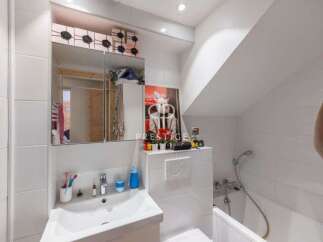 Discover this charming bathroom, featuring a modern sink and a convenient shower.