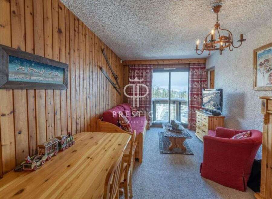Cozy ski chalet with rustic wooden accents.