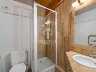 Discover a charming bathroom featuring a modern shower enclosure and stylish wooden paneling.