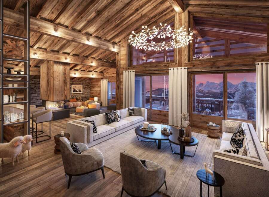 Luxury chalet with breathtaking mountain views, featuring a spacious open-plan living area with a cozy fireplace and plush furnishings.