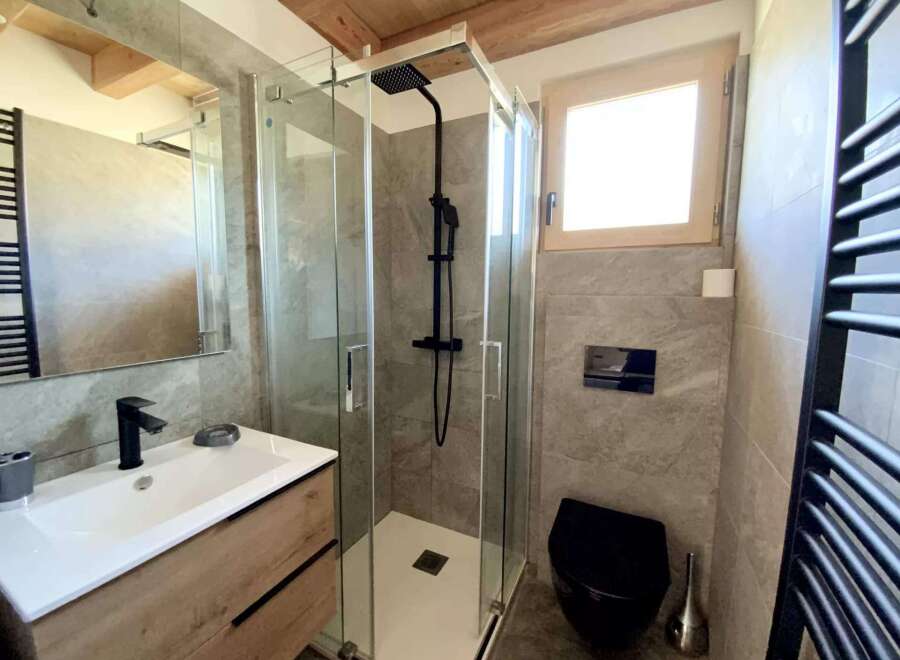 Modern bathroom with walk-in shower, sleek fixtures, and wooden vanity.