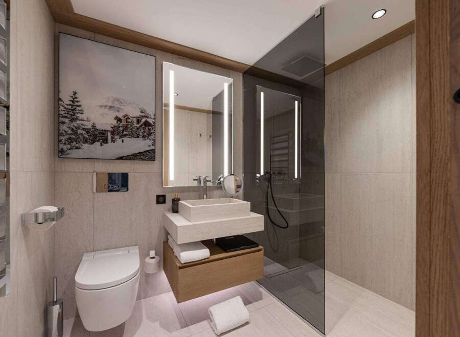 Step into luxury with this stunning bathroom featuring a modern design and high-end finishes.