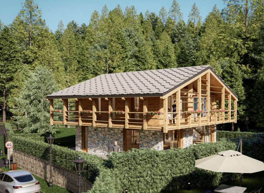 Luxury mountain chalet nestled in a serene forest setting.