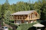 Luxury mountain chalet nestled in a serene forest setting.