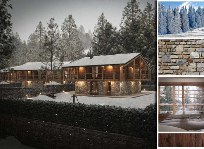 Luxury chalet nestled in a snowy forest, featuring stunning mountain views and exquisite stonework.