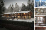 Luxury chalet nestled in a snowy forest, featuring stunning mountain views and exquisite stonework.