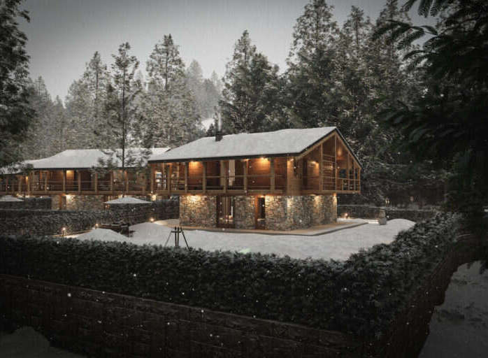 Luxury chalet nestled in a snowy forest, offering breathtaking views and serene ambiance.