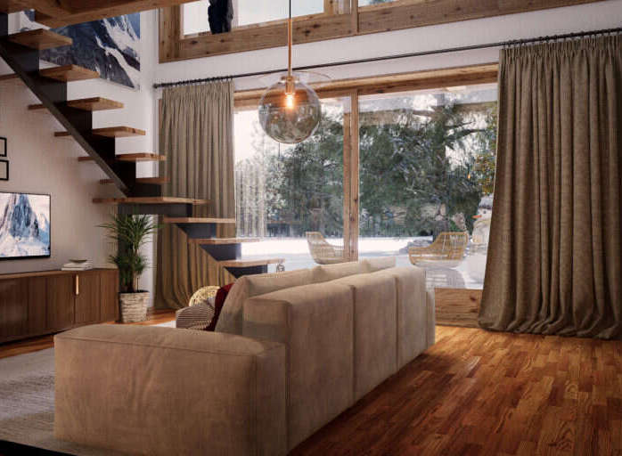 Stunning mountain views from this luxurious chalet featuring a spacious open-plan living area.