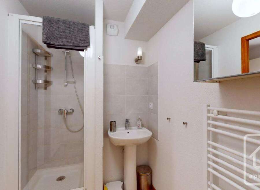 This charming bathroom boasts a modern shower enclosure with built-in shelving, a pedestal sink, and a heated towel rail for added convenience.