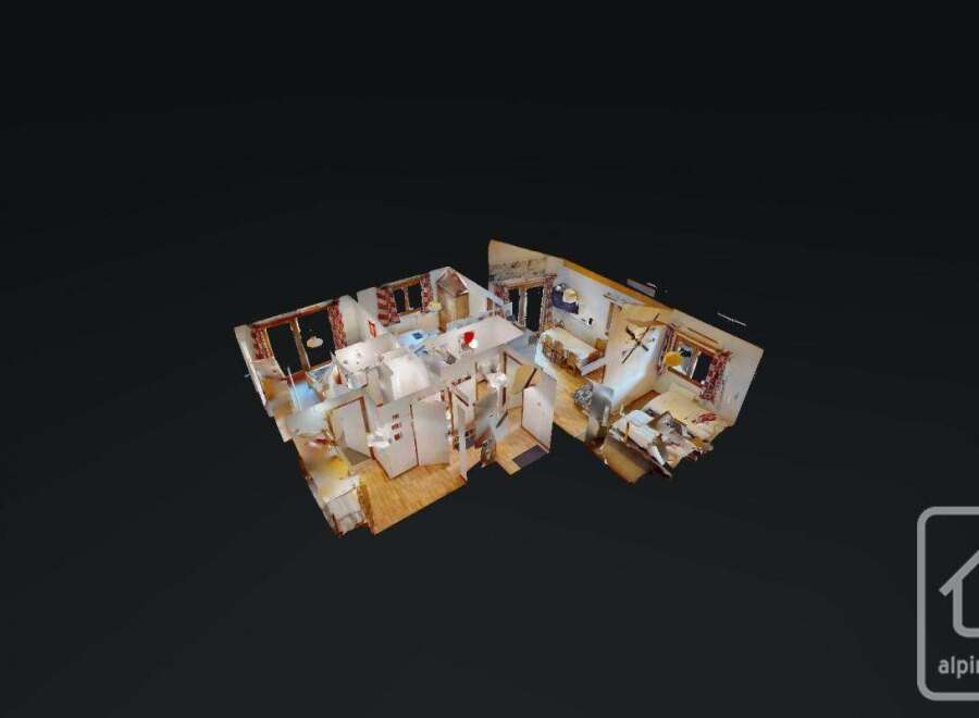 This stunning 3D floor plan showcases a spacious property featuring multiple bedrooms, a well-equipped kitchen, and a comfortable living area.