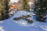 This stunning winter wonderland features a charming chalet nestled amongst snow-covered evergreens.