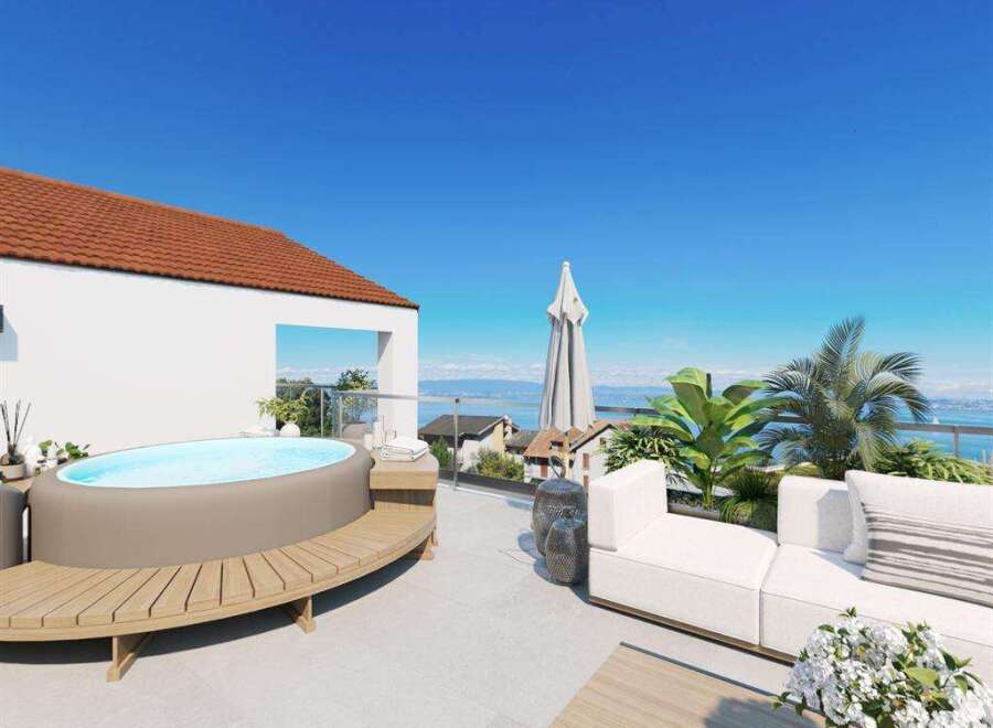 Luxury rooftop terrace with stunning lake views.