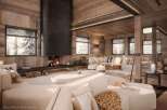 Luxurious chalet living room with a stunning fireplace and large windows offering breathtaking views.