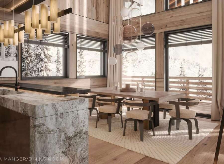 This stunning chalet boasts a spacious dining area with breathtaking views, perfect for enjoying meals with loved ones.