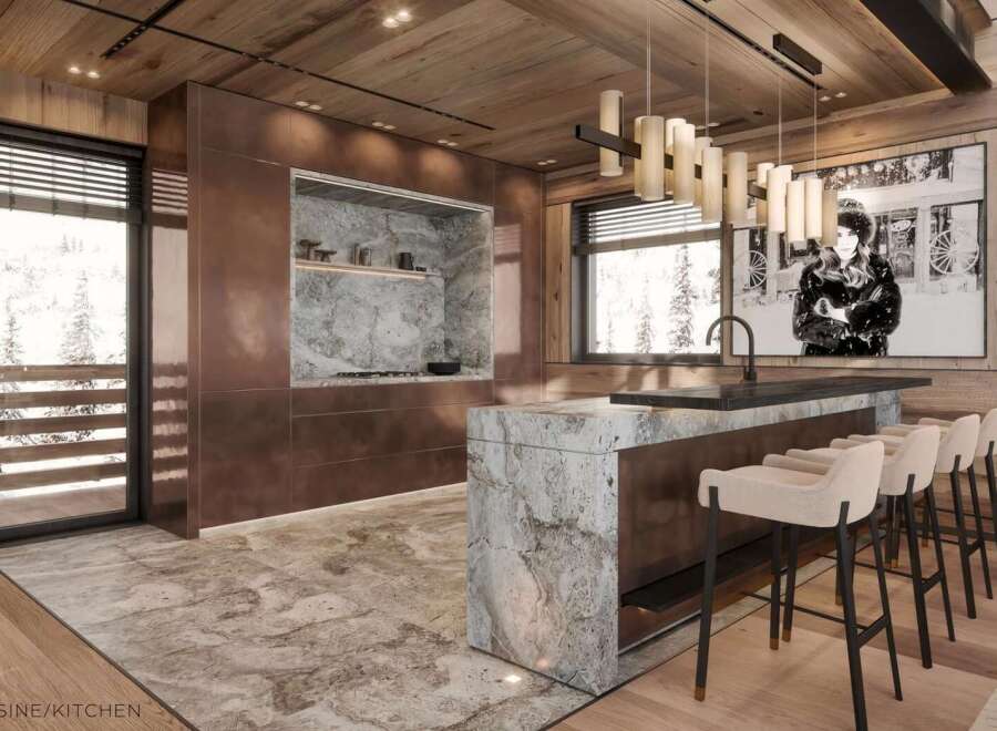 Luxury mountain kitchen with copper accents and marble island.