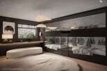 Stylish dormitory with bunk beds and mountain-themed wallpaper.