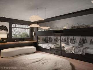 Stylish dormitory with bunk beds and mountain-themed wallpaper.
