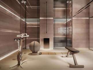 Luxury home gym with state-of-the-art equipment and serene design.