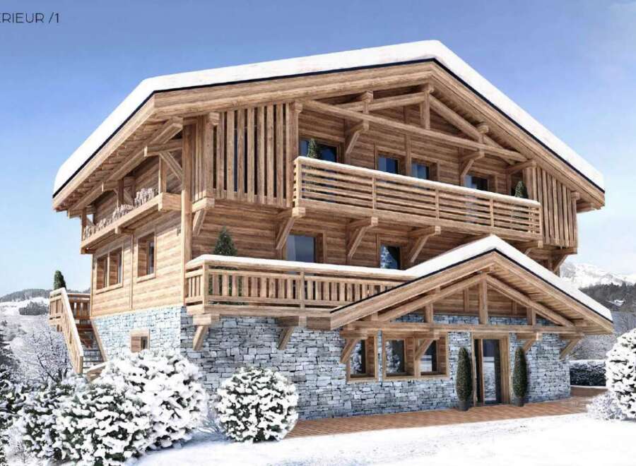 This stunning chalet boasts a beautiful wooden exterior, multiple balconies offering breathtaking mountain views, and a stone base that adds a touch of rustic charm.