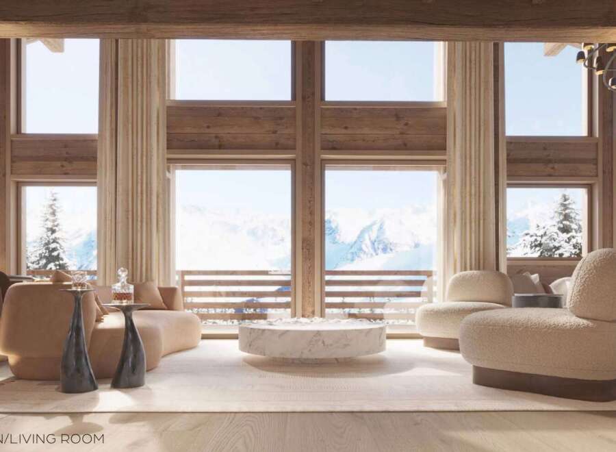 Luxurious chalet living room with floor-to-ceiling windows offering breathtaking mountain views.