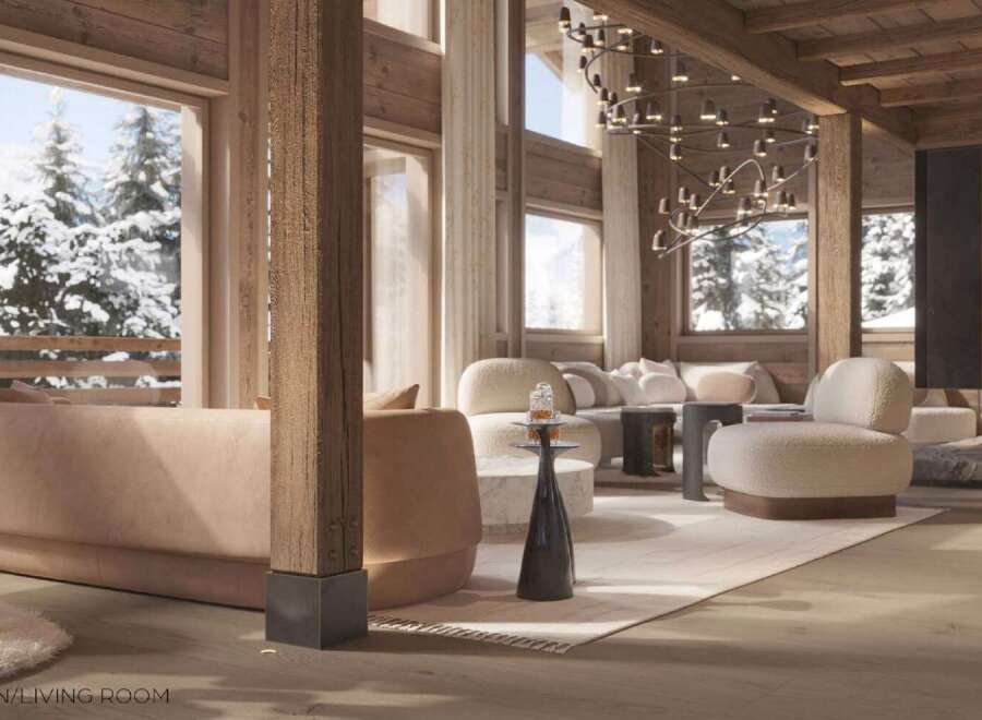 This stunning chalet boasts a spacious salon/living room with floor-to-ceiling windows offering breathtaking views of the snowy landscape.