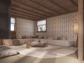 This stunning living room boasts a cozy and sophisticated atmosphere, featuring a unique patterned wallpaper and a comfortable sectional sofa.