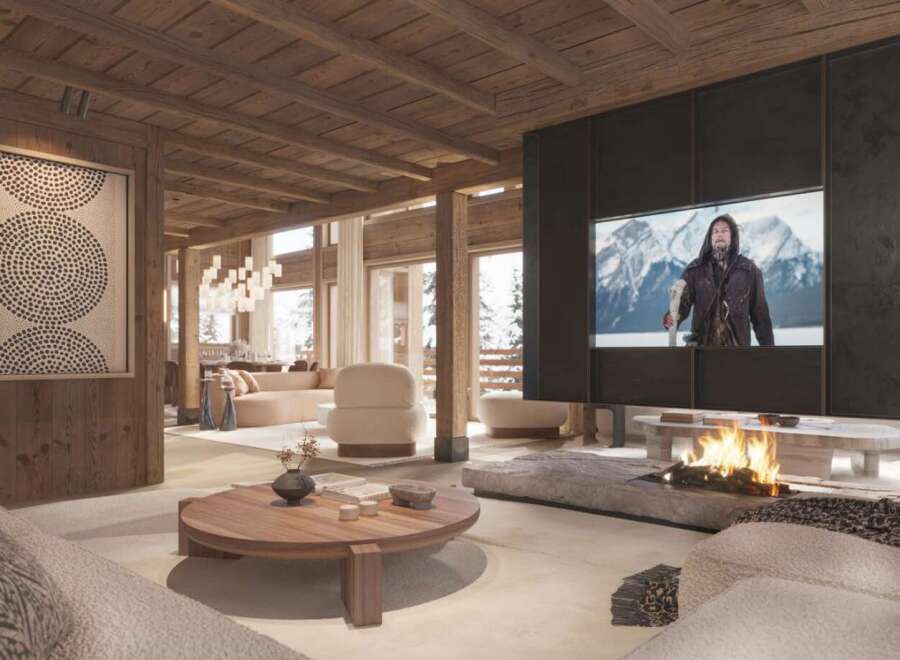Luxury chalet with stunning mountain views and a cozy fireplace.