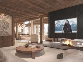 Luxury chalet with stunning mountain views and a cozy fireplace.