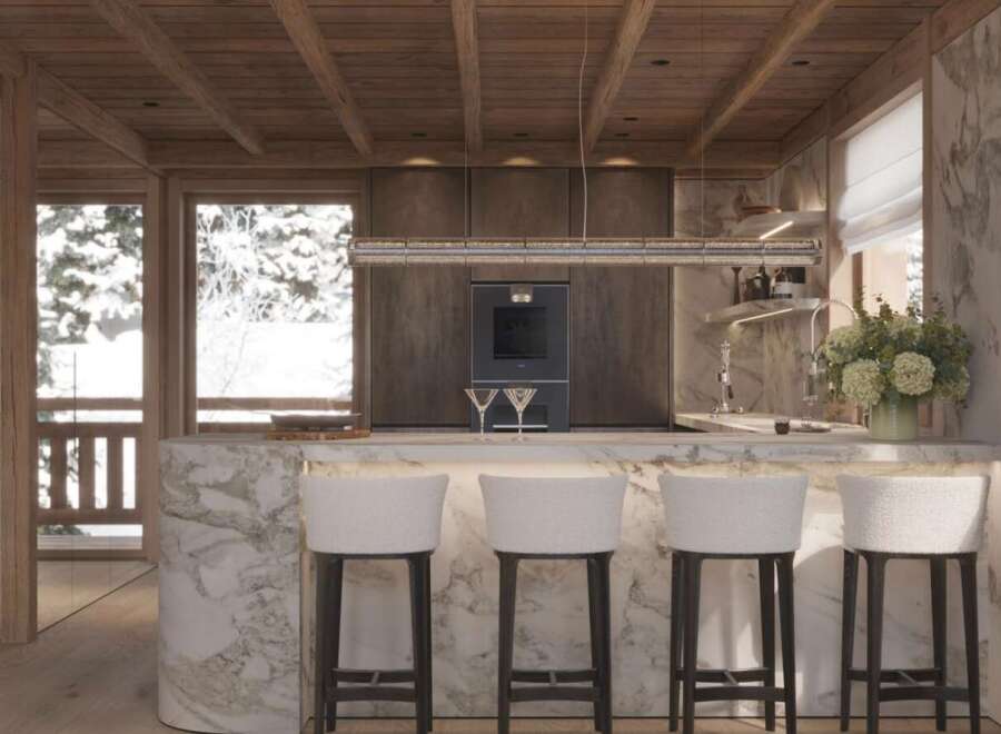 This stunning kitchen boasts a marble island with built-in seating, perfect for entertaining.
