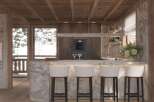 This stunning kitchen boasts a marble island with built-in seating, perfect for entertaining.