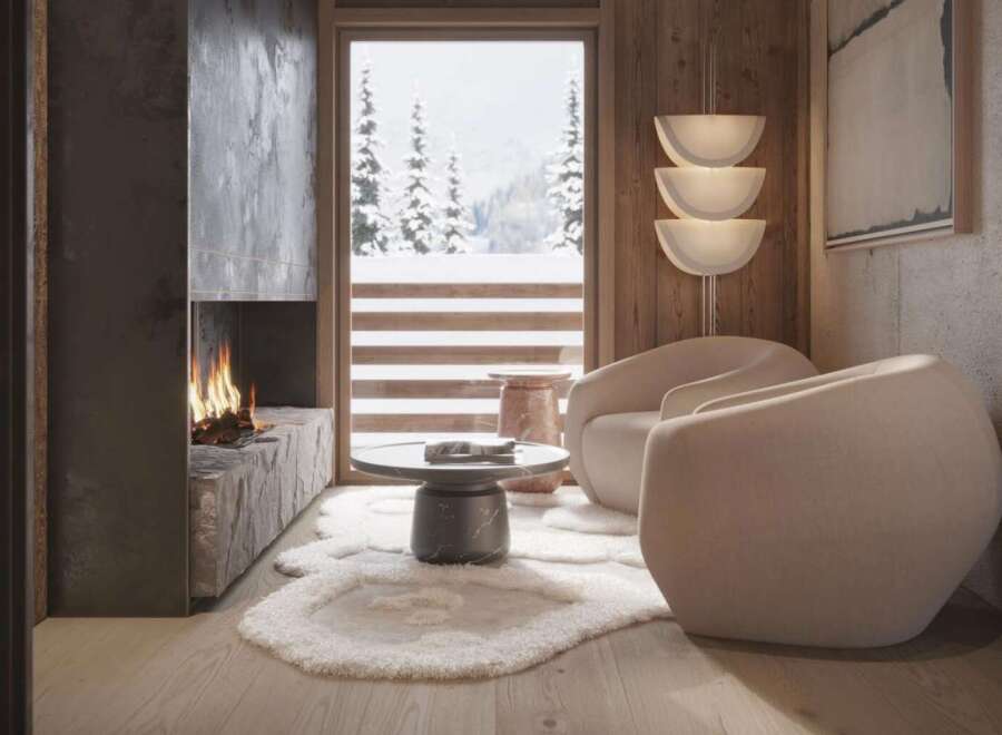 Cozy mountain chalet with stunning views and a modern fireplace.