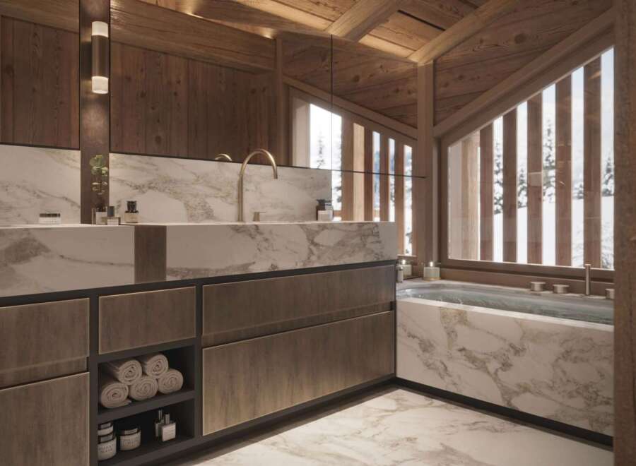 Luxurious bathroom with marble finishes and wooden accents.
